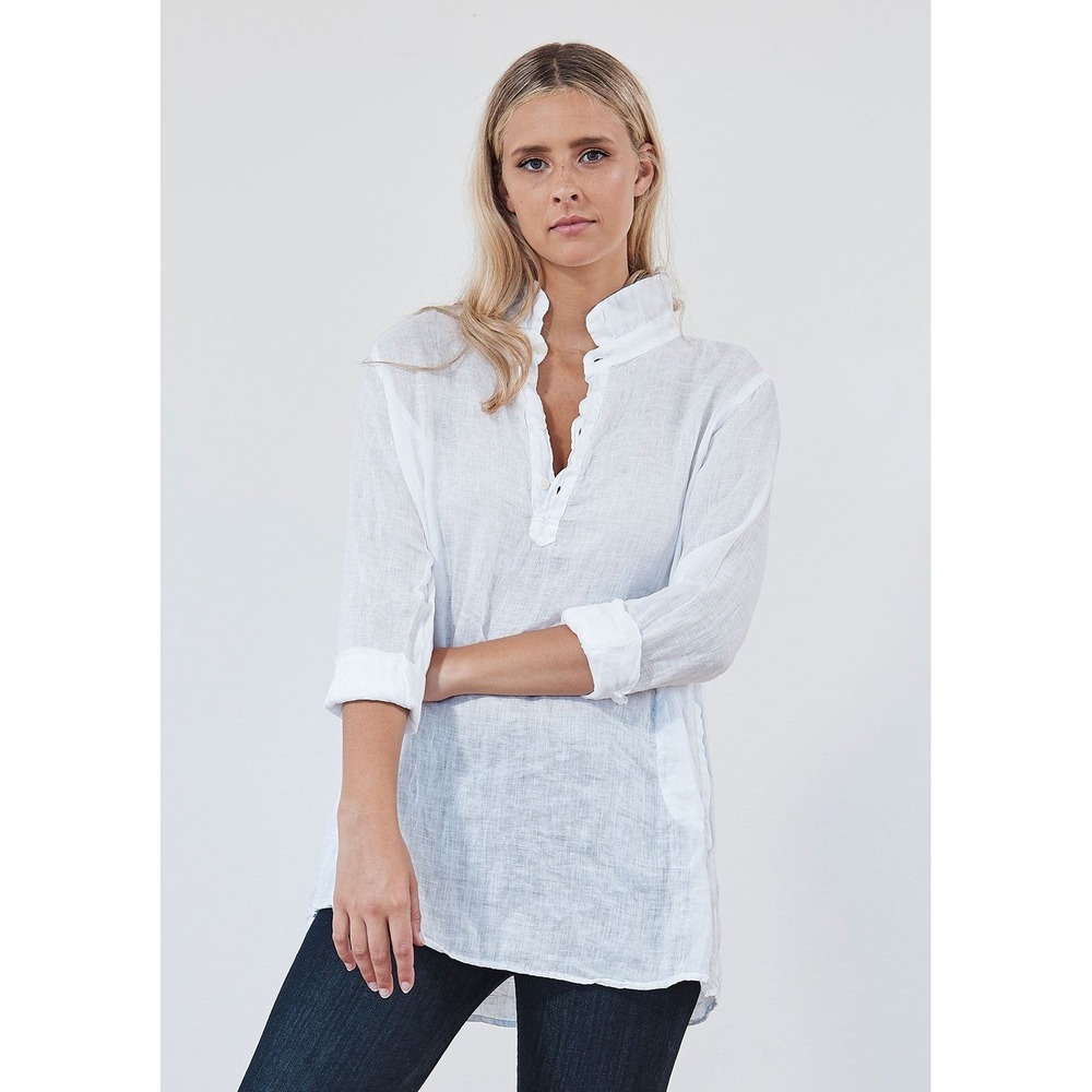 CP Shades White 100% Linen Tunic Top Long Sleeve Pullover Pockets Large USA